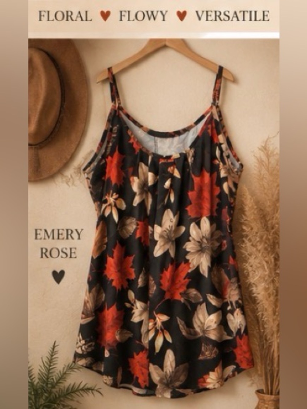 Autumn floral Camisole Top -adjustable straps - size 3X (48” bust)